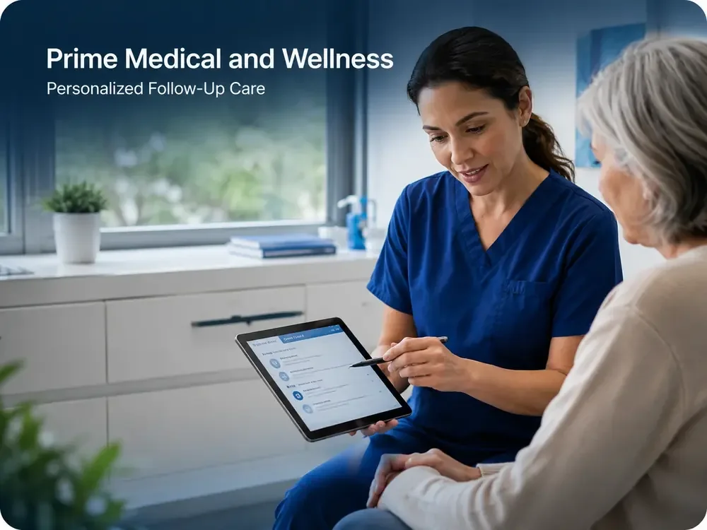 A nurse reviewing a follow-up care plan with a patient in a modern medical office