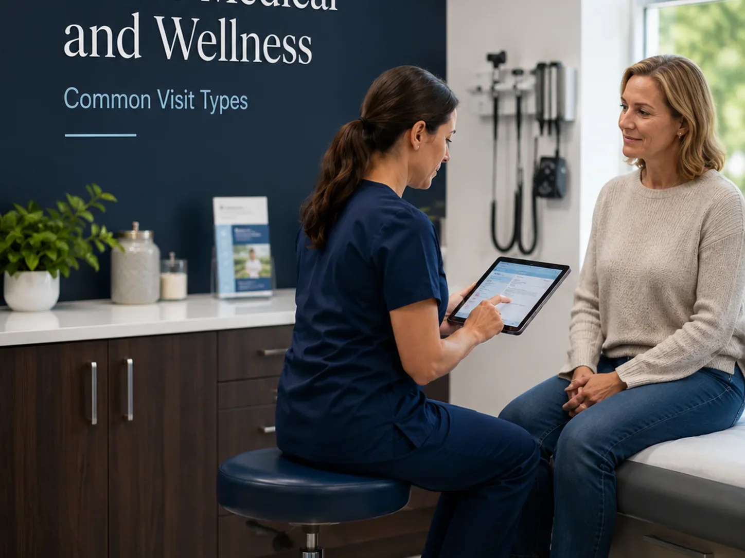 Clinician reviewing common visit types with a patient in a modern primary care exam room
