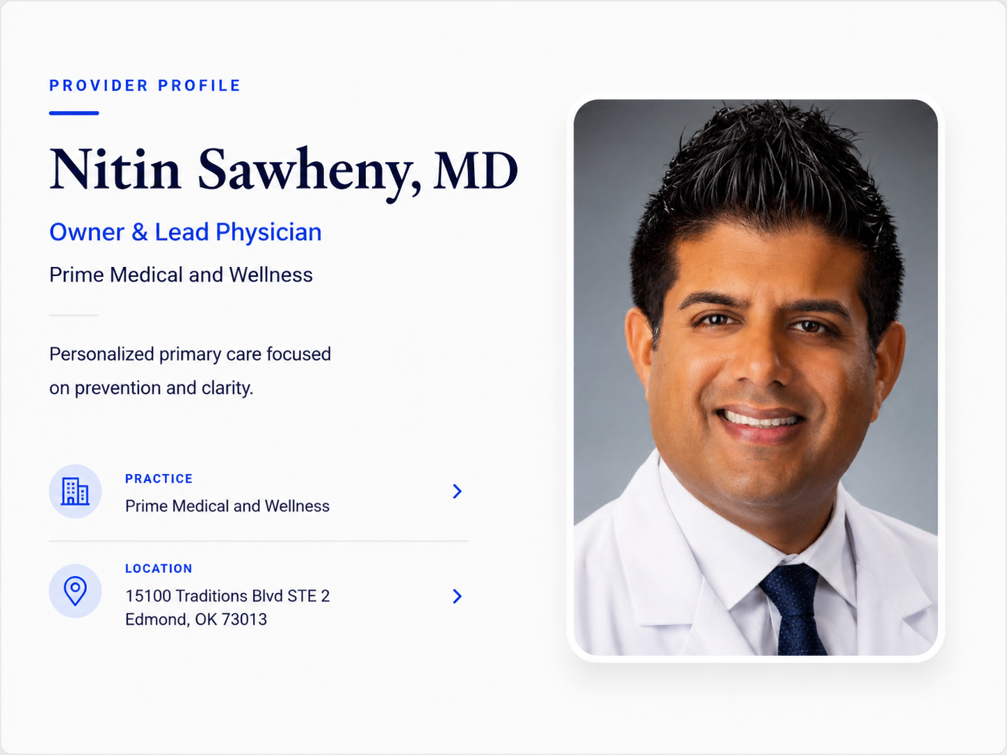 Provider profile for Nitin Sawheny MD at Prime Medical and Wellness